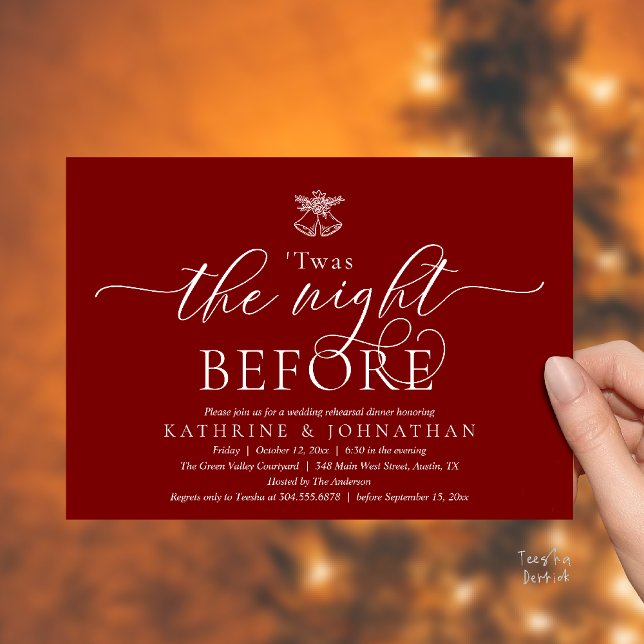 Natten före modern repetitionsmiddag inbjudningar ('Twas The Night Before Modern Romantic Wedding Rehearsal Dinner Invites Card PDF Burgundy Wine Red)