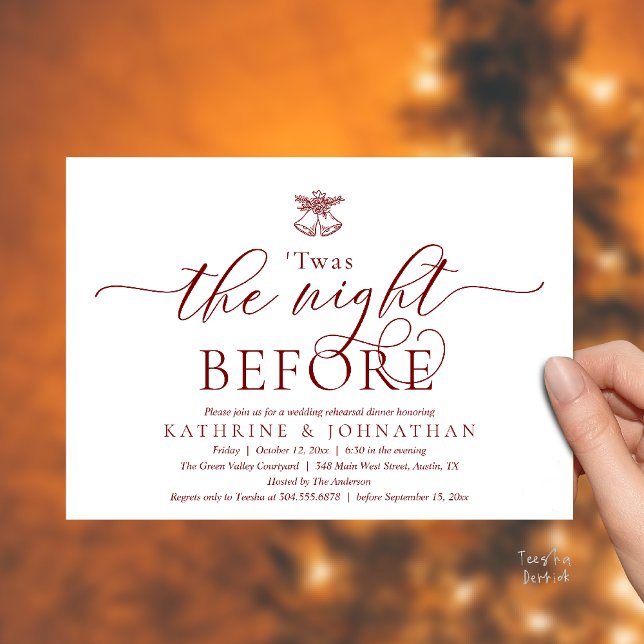 Natten före modern repetitionsmiddag inbjudningar ('Twas The Night Before Modern Romantic Wedding Rehearsal Dinner Invites Card PDF Burgundy Wine Red)