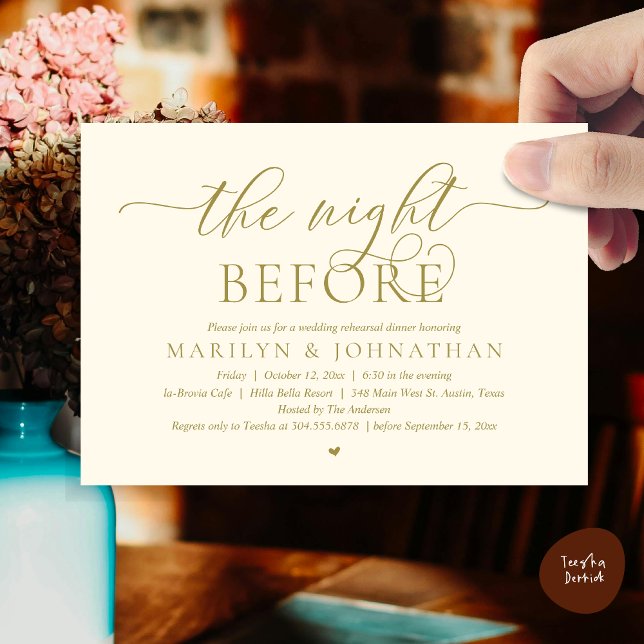Natten före, Perfekt Bröllop Rehearsal Dinner Inbjudningar (The Night Before, Perfect Wedding Rehearsal Dinner Modern Classy Invitation Card, PDF, Yellow Gold)