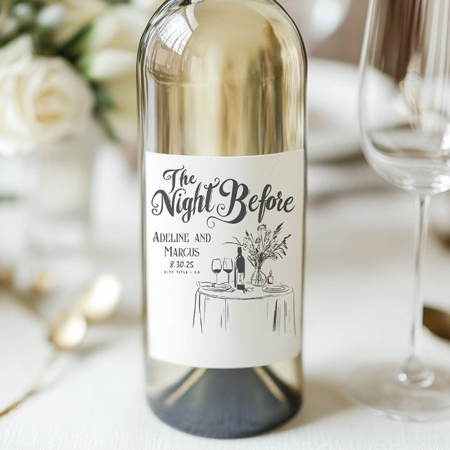 Natten före repetitionsmiddagen Funky Hand plockad Vinflaska Etikett (Rehearsal Dinner Wine Labels)