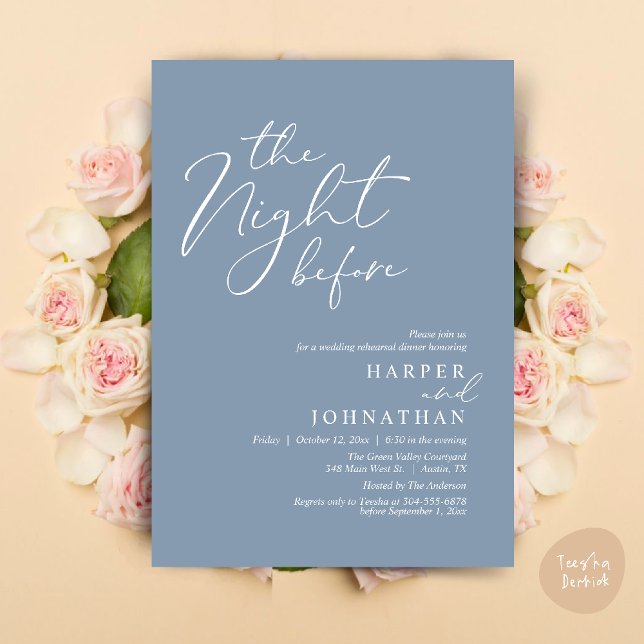 Natten före Romantic Bröllop Rehearsal Inbjudningar (The Night Before Romantic Wedding Rehearsal Dinner Modern Invitation Card PDF Dusty Blue)