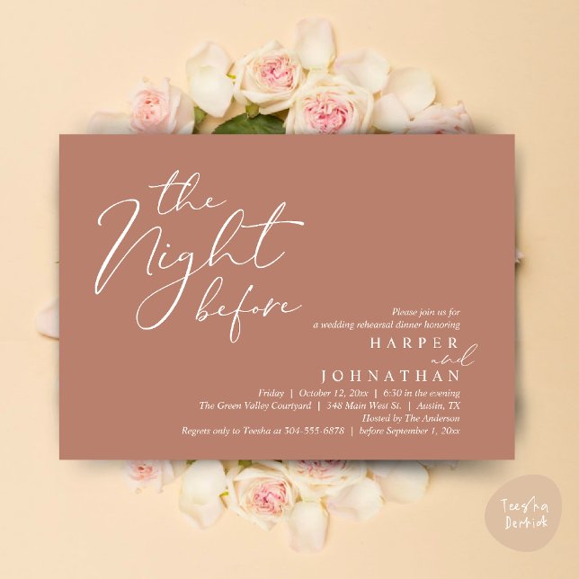 Natten före Romantic Bröllop Rehearsal Inbjudningar (The Night Before Romantic Wedding Rehearsal Dinner Modern Invites Card PDF Terracotta Earthy Brown)