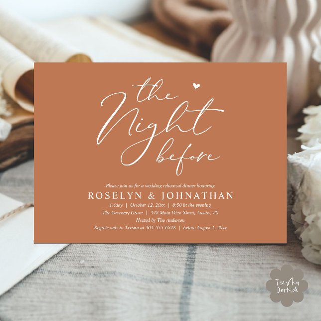 Natten före Romantic Bröllop Rehearsal Inbjudningar (The Night Before Romantic Wedding Rehearsal Dinner Little heart Invitation Card PDF Copper Brown)