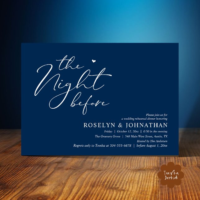 Natten före Romantic Bröllop Rehearsal Inbjudningar (The Night Before Romantic Wedding Rehearsal Dinner Little heart Invitation Card PDF Navy Blue)