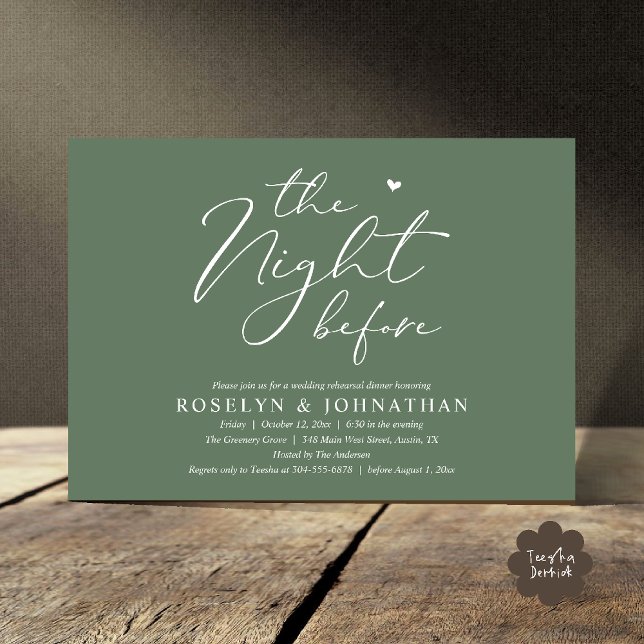 Natten före Romantic Bröllop Rehearsal Inbjudningar (The Night Before Romantic Wedding Rehearsal Dinner Little heart Invitation Card PDF Sage Green)