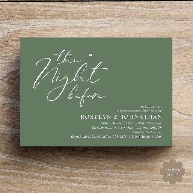 Natten före Romantic Bröllop Rehearsal Inbjudningar (The Night Before Romantic Wedding Rehearsal Dinner Little heart Invitation Card PDF Sage Green)