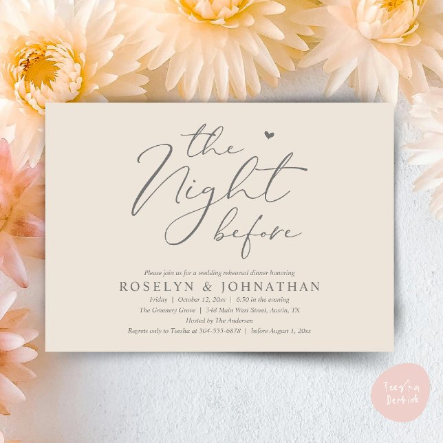 Natten före Romantic Bröllop Rehearsal Inbjudningar (The Night Before Romantic Wedding Rehearsal Dinner Little heart Invitation Card PDF Cream Grey)