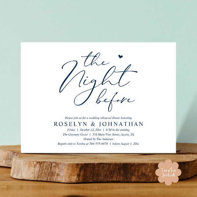 Natten före Romantic Bröllop Rehearsal Inbjudningar (The Night Before Romantic Wedding Rehearsal Dinner Little heart Invitation Card PDF Navy Blue)