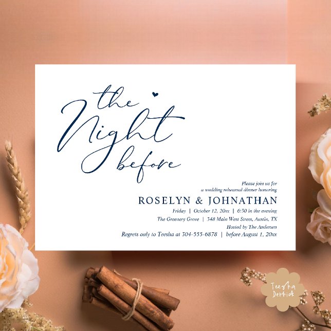 Natten före Romantic Bröllop Rehearsal Inbjudningar (The Night Before Romantic Wedding Rehearsal Dinner Little heart Invitation Card PDF Navy Blue)