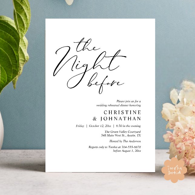Natten före Romantic Bröllop Rehearsal Inbjudningar (The Night Before Romantic Wedding Modern Rehearsal Dinner Invites Card Hosted Parents Black White)