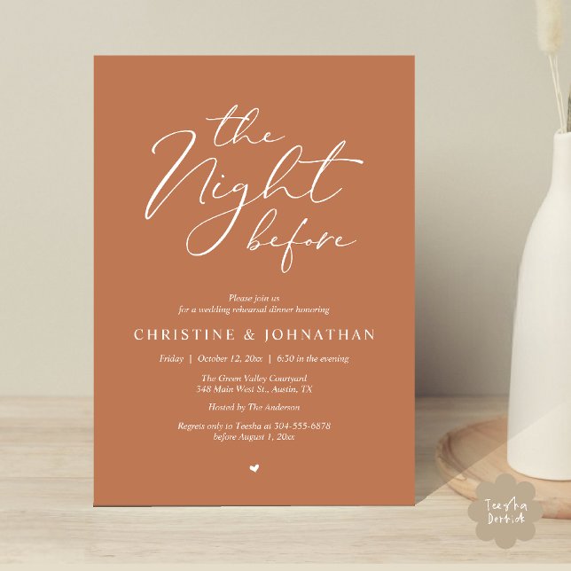 Natten före Romantic Bröllop Rehearsal Inbjudningar (The Night Before Romantic Wedding Modern Rehearsal Dinner Invites Card Hosted Parents Copper Brown)