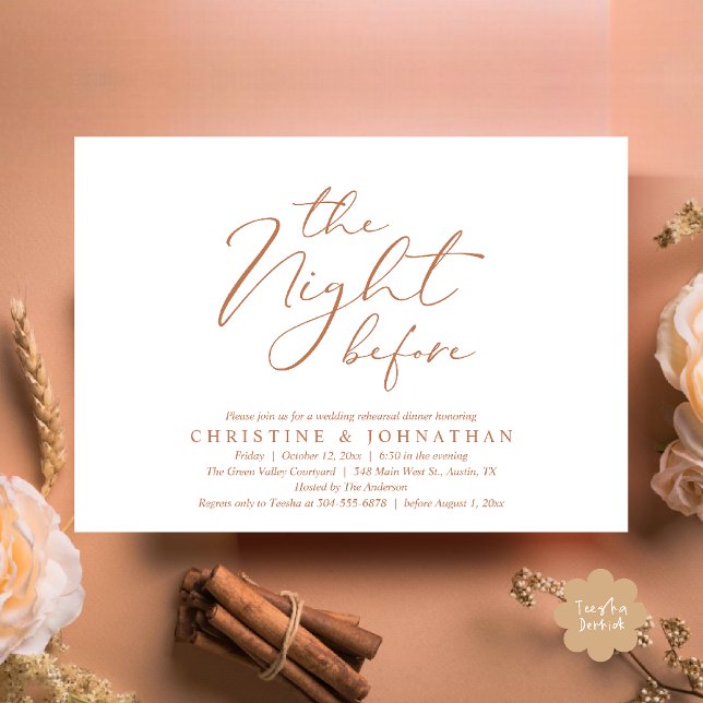 Natten före Romantic Bröllop Rehearsal Inbjudningar (The Night Before Romantic Wedding Modern Rehearsal Dinner Invites Card Hosted Parents Copper Brown)