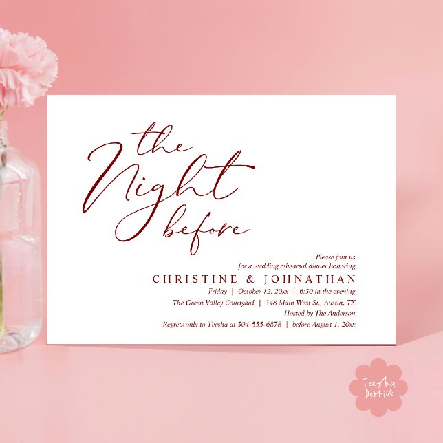 Natten före Romantic Bröllop Rehearsal Inbjudningar (The Night Before Romantic Wedding Modern Rehearsal Dinner Invites Card Hosted Parents Red Wine)