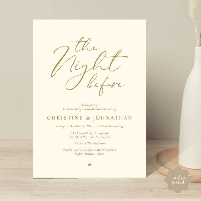 Natten före Romantic Bröllop Rehearsal Inbjudningar (The Night Before Romantic Wedding Modern Rehearsal Dinner Invites Card Hosted Parents Yellow Gold)