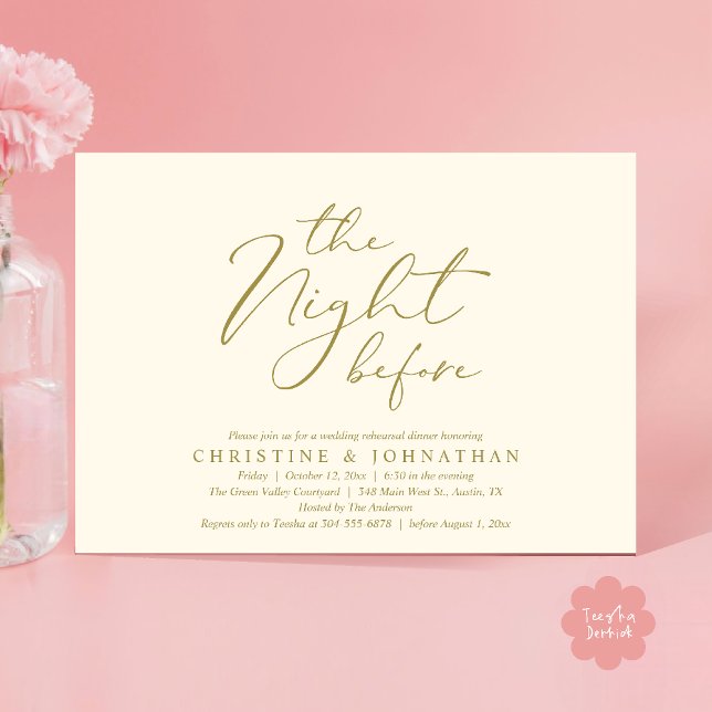 Natten före Romantic Bröllop Rehearsal Inbjudningar (The Night Before Romantic Wedding Modern Rehearsal Dinner Invites Card Hosted Parents Yellow Gold)