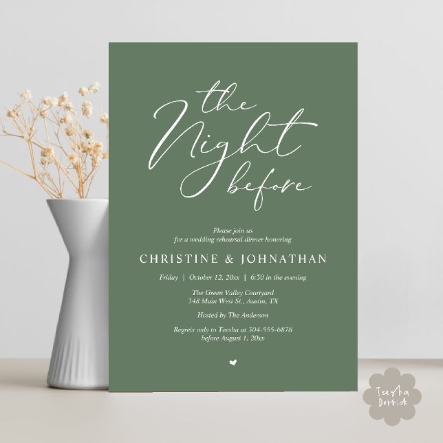 Natten före Romantic Bröllop Rehearsal Inbjudningar (The Night Before Romantic Wedding Modern Rehearsal Dinner Invites Card Hosted Parents Sage Green)