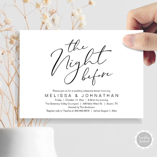 Natten före Romantic Bröllop Rehearsal Inbjudningar (The Night Before Romantic Modern Wedding Rehearsal Dinner Aesthetic Invites Card PDF Black White)
