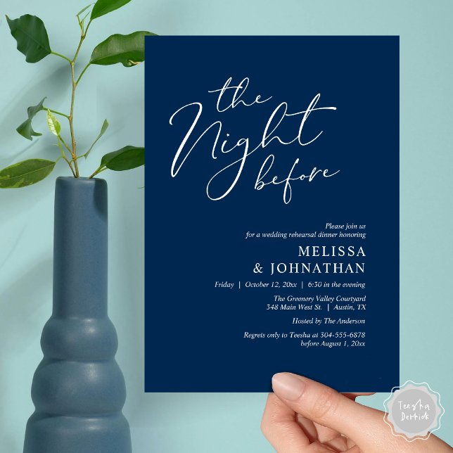 Natten före Romantic Bröllop Rehearsal Inbjudningar (The Night Before Romantic Modern Wedding Rehearsal Dinner Aesthetic Invites PDF Classy Navy Blue)