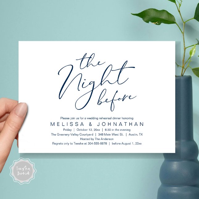 Natten före Romantic Bröllop Rehearsal Inbjudningar (The Night Before Romantic Modern Wedding Rehearsal Dinner Aesthetic Invites PDF Classy Navy Blue)