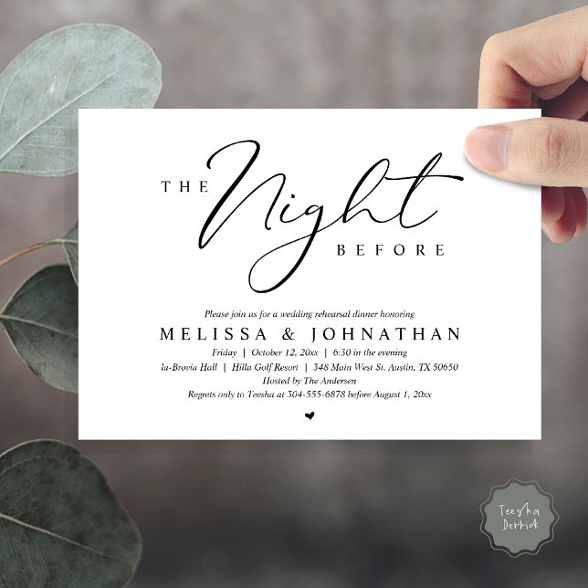 Natten före Romantic Bröllop Rehearsal Inbjudningar (The Night Before, Romantic Wedding Rehearsal Dinner Invitation Card, PDF, in Black and White)