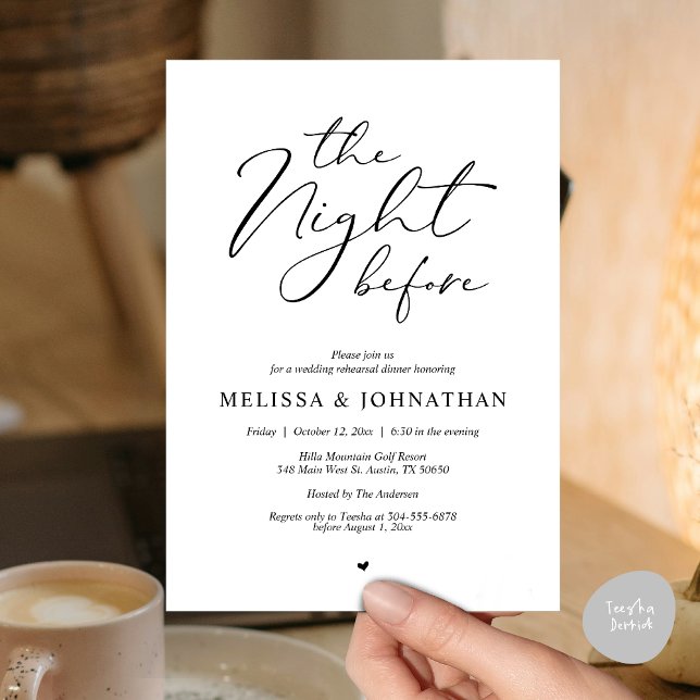 Natten före Romantic Bröllop Rehearsal Inbjudningar (Classy Romance, The Night Before Wedding Rehearsal Dinner Invitation Card, PDF, in Black and White)