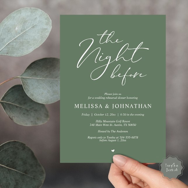 Natten före Romantic Bröllop Rehearsal Inbjudningar (Classy Romance, The Night Before Wedding Rehearsal Dinner Invitation Card, PDF, in Forest Sage Green)
