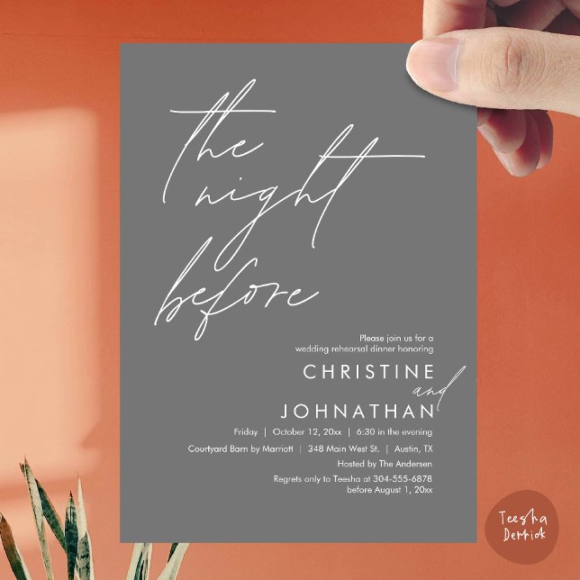 Natten före Romantic Bröllop Rehearsal Inbjudningar (The Night Before Romantic Wedding Rehearsal Dinner Invitation Card, PDF, in Dark Grey)