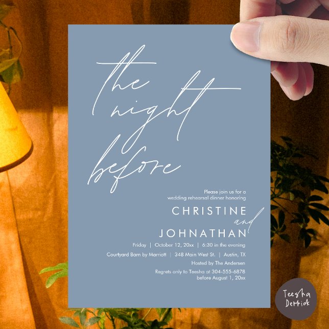 Natten före Romantic Bröllop Rehearsal Inbjudningar (The Night Before Romantic Wedding Rehearsal Dinner Invitation Card, PDF, in Dusty Blue)