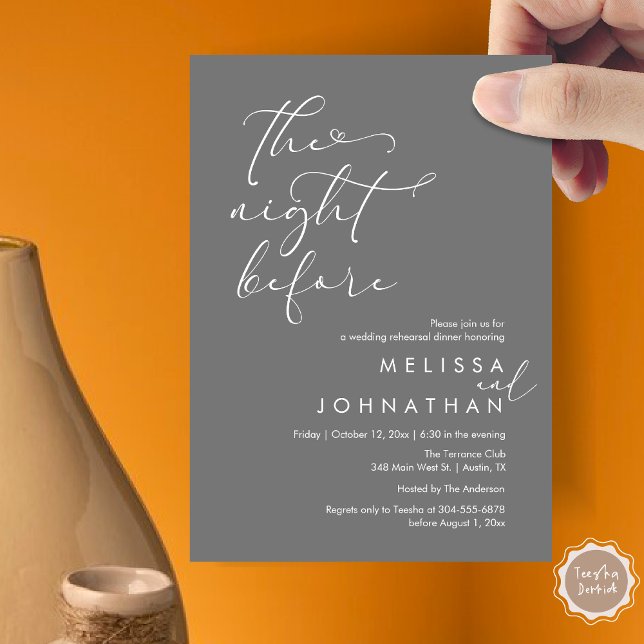 Natten före Romantic Bröllop Rehearsal Inbjudningar (The Night Before, Romantic Wedding Rehearsal Dinner Invitation Card, PDF, Dark Grey)