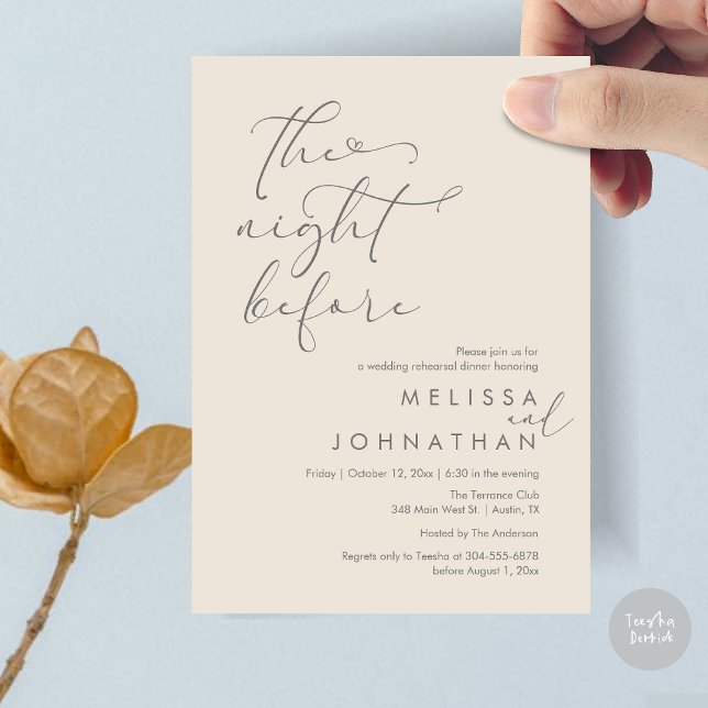 Natten före Romantic Bröllop Rehearsal Inbjudningar (The Night Before, Romantic Wedding Rehearsal Dinner Invitation Card, PDF, Cream Grey)