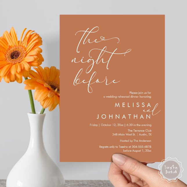 Natten före Romantic Bröllop Rehearsal Inbjudningar (The Night Before, Romantic Wedding Rehearsal Dinner Invitation Card, PDF, Copper Brown)