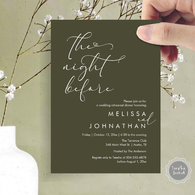 Natten före Romantic Bröllop Rehearsal Inbjudningar (The Night Before, Romantic Wedding Rehearsal Dinner Invitation Card, PDF, Olive green)