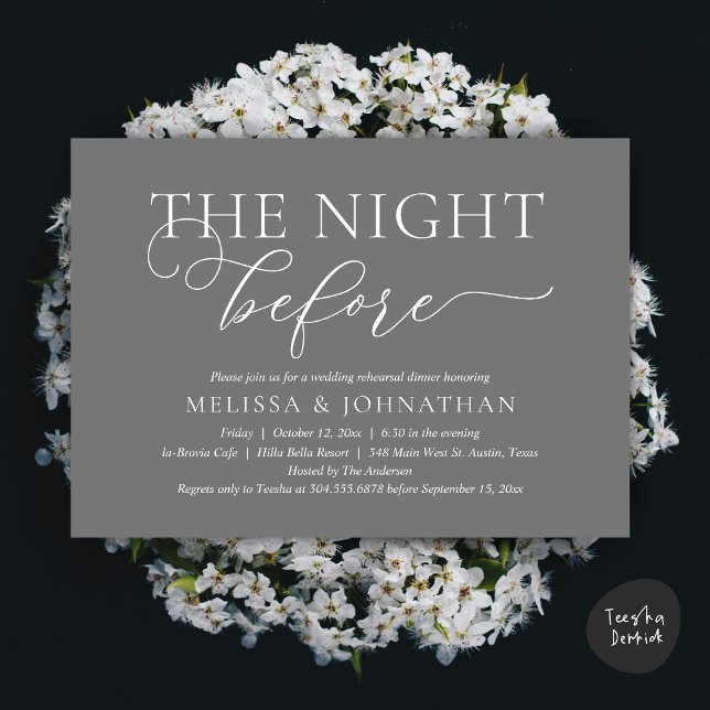 Natten före Romantic Bröllop Rehearsal Inbjudningar (The Night Before, Romantic Wedding Rehearsal Dinner Invitation Card, PDF, Dark Grey)