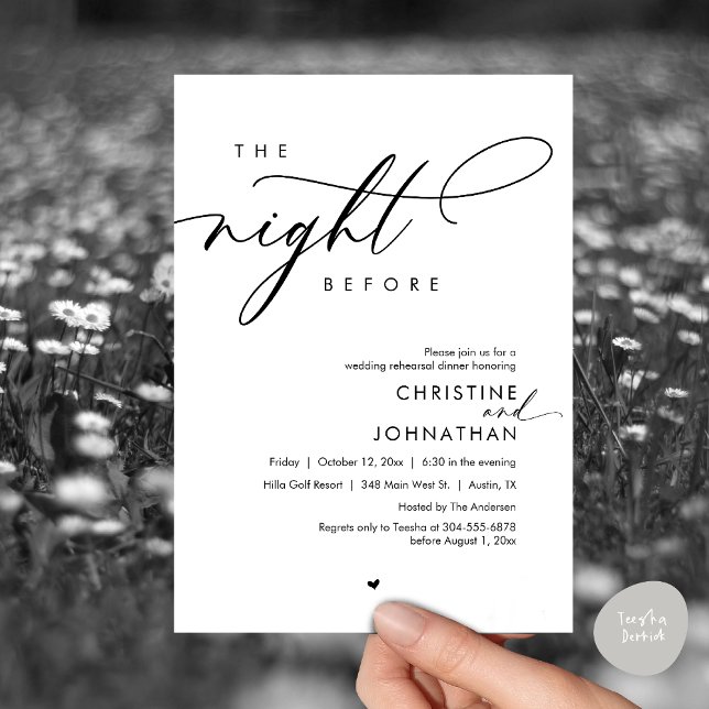 Natten före Romantic Bröllop Rehearsal Inbjudningar (The Night Before, Modern Romantic Wedding Rehearsal Dinner Invitation Card, PDF, In Black and White)