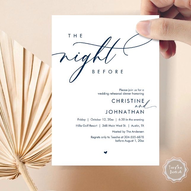 Natten före Romantic Bröllop Rehearsal Inbjudningar (The Night Before, Modern Romantic Wedding Rehearsal Dinner Invitation Card, PDF, In Navy Blue)