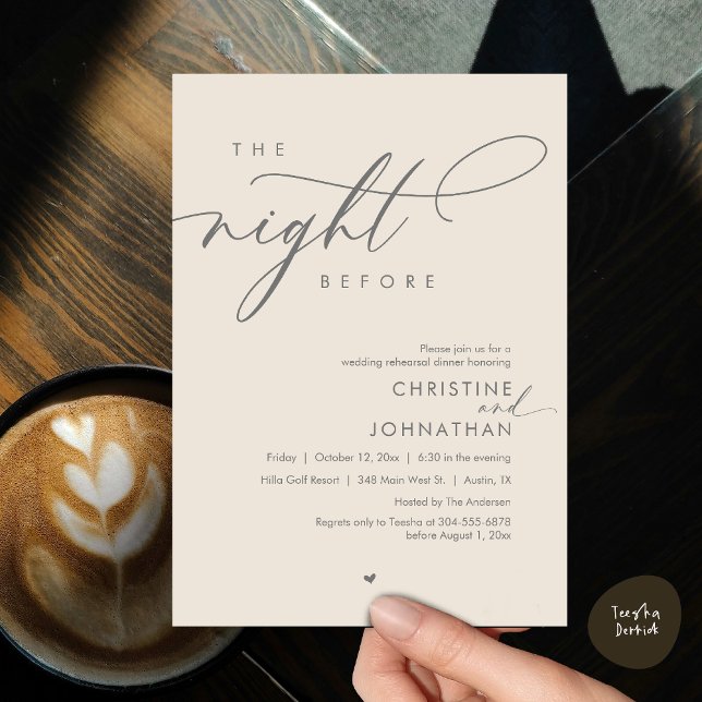Natten före Romantic Bröllop Rehearsal Inbjudningar (Romantic The Night Before, Wedding Rehearsal Dinner Invitation Card, PDF, Dark Grey Cream)