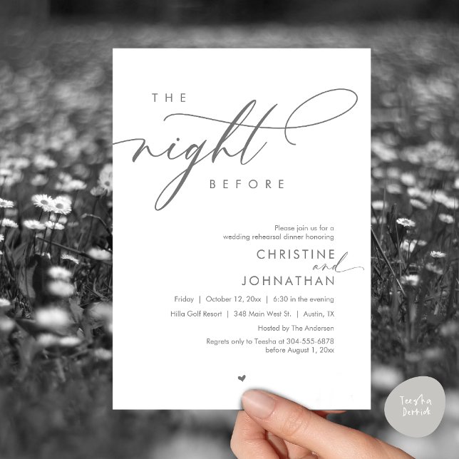 Natten före Romantic Bröllop Rehearsal Inbjudningar (Modern Romantic The Night Before, Wedding Rehearsal Dinner Invitation Card, PDF, Dark Grey)