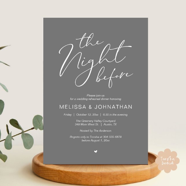 Natten före Romantic Bröllop Rehearsal Party Inbjudningar (The Night Before Romantic Modern Wedding Rehearsal Dinner Aesthetic Invites PDF Classy Dark Grey)