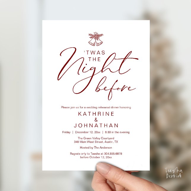 Natten före Romantic Rehearsal Dinner Inbjudningar ('Twas The Night Before Modern Romantic Wedding Rehearsal Dinner Invites Card PDF Burgundy Wine Red)