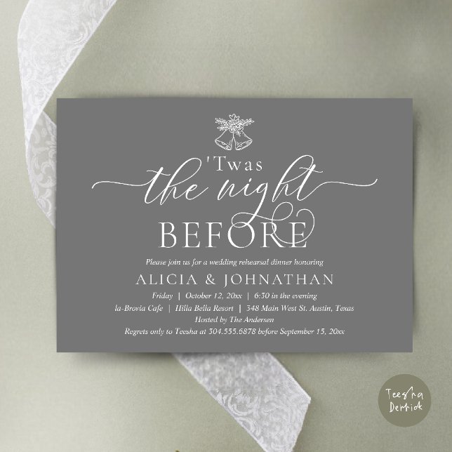 Natten före, Twas Bröllop Rehearsal Dinner Inbjudningar (The Night Before, Twas Wedding Rehearsal Dinner Party Invites Card mistletoe wedding bell Sark Grey)
