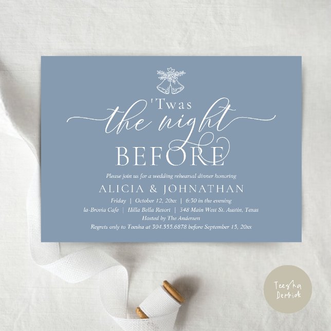 Natten före, Twas Bröllop Rehearsal Dinner Inbjudningar (The Night Before, Twas Wedding Rehearsal Dinner Party Invites Card mistletoe wedding bell Dusty Blue)
