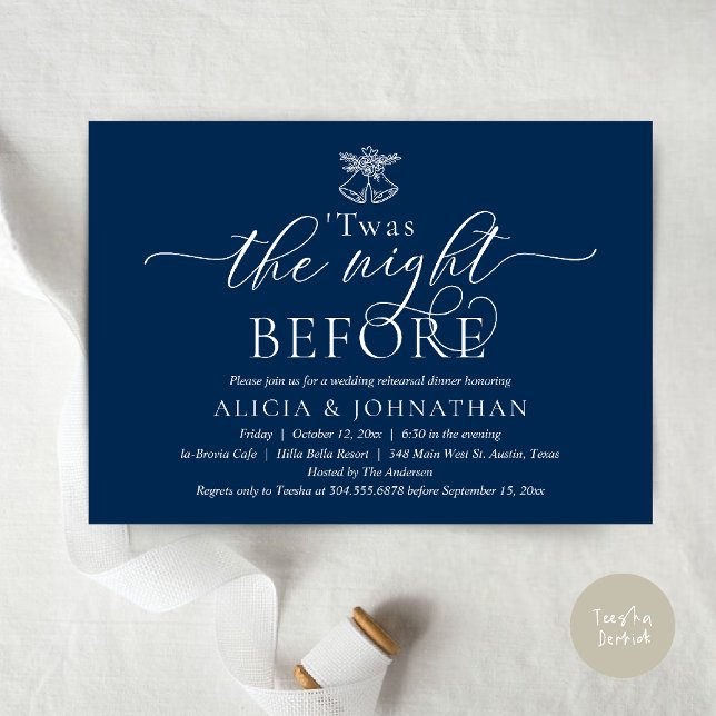 Natten före, Twas Bröllop Rehearsal Dinner Inbjudningar (The Night Before, Twas Wedding Rehearsal Dinner Party Invites Card mistletoe wedding bell Navy Blue)