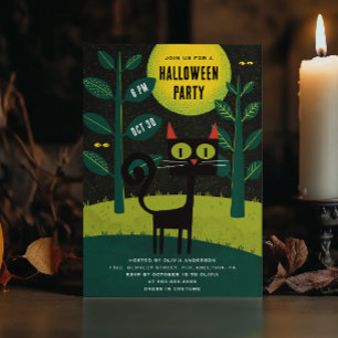 Natten Halloween fest. Lusande svart katt Inbjudningar