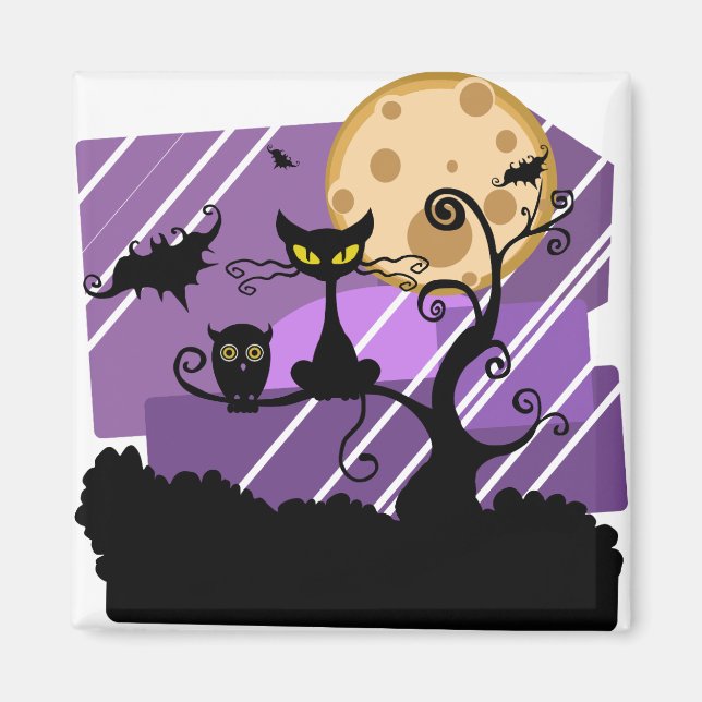Natten Halloween Måne Cat Träd utanför Uggla Fladd Magnet (Framsidan)