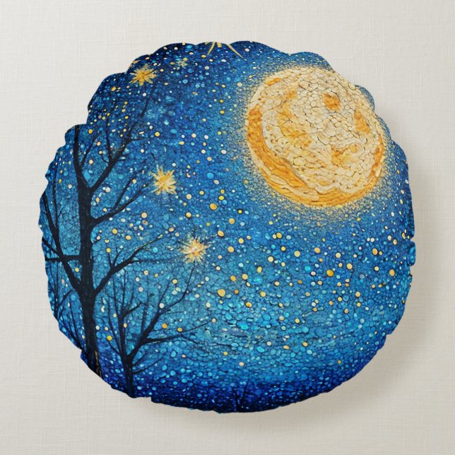 Natten himmel och fullt måne rund kudde (Framsidan)