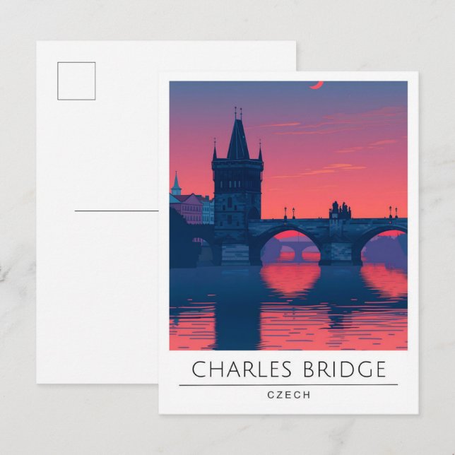 Natten i Charles Bridge Prag Czech Travel Vykort (Fram/baksida)