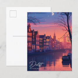 Natten i Delft Netherlands Vintage resor Vykort