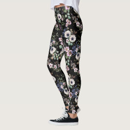 Natten i Garden Black White and Rosa Blommigt  Leggings