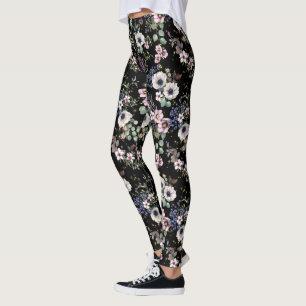 Natten i Garden Black White and Rosa Blommigt Leggings