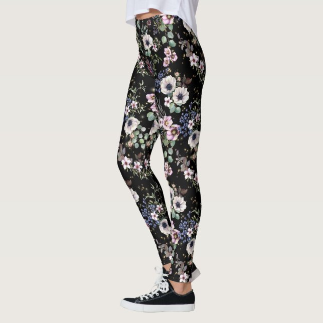 Natten i Garden Black White and Rosa Blommigt  Leggings (Vänster)
